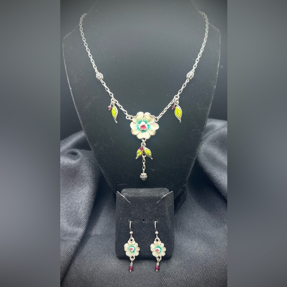 Brighton Silver Necklace and Earrings with Floral Accents